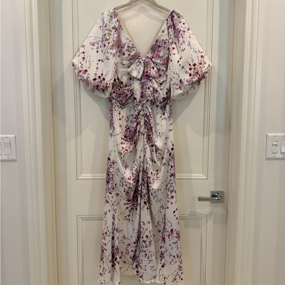 Floral Bow Front Midi Dress - White with Purple Floral